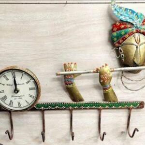krishna hook metal strip with clock with 5 hooks by madhuram handicrafts